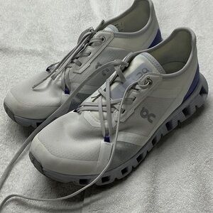 On Running Women's White and Light Gray Athletic Shoes with Purple Heel Accent